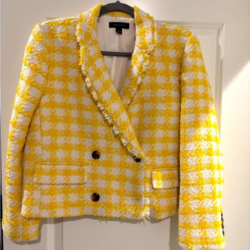 Ann Taylor cropped checked tweed fringe blazer
